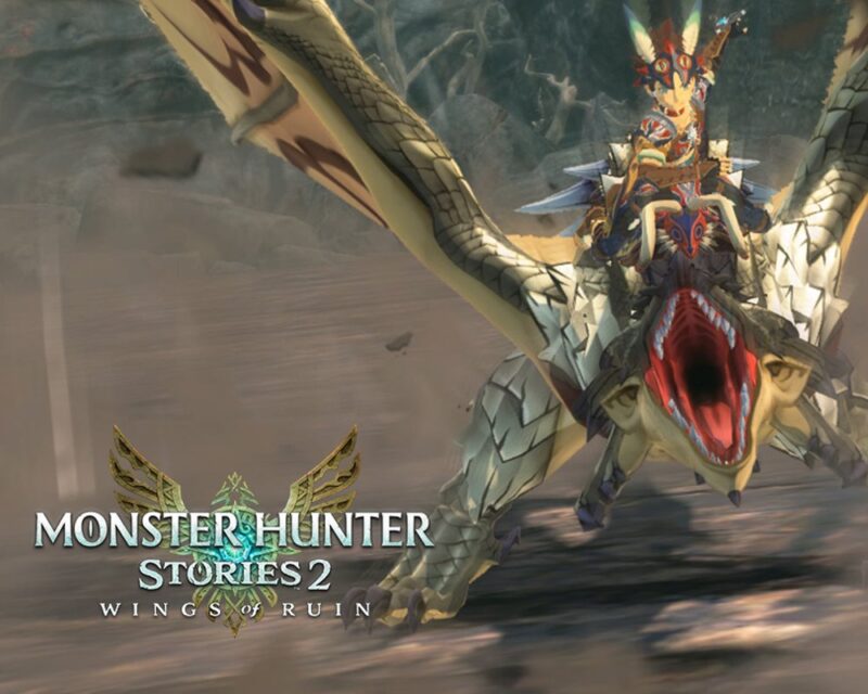 Bohater gry Monster Hunter Stories 2 siedzi na ryczącym smoku. W rogu widać logo gry.