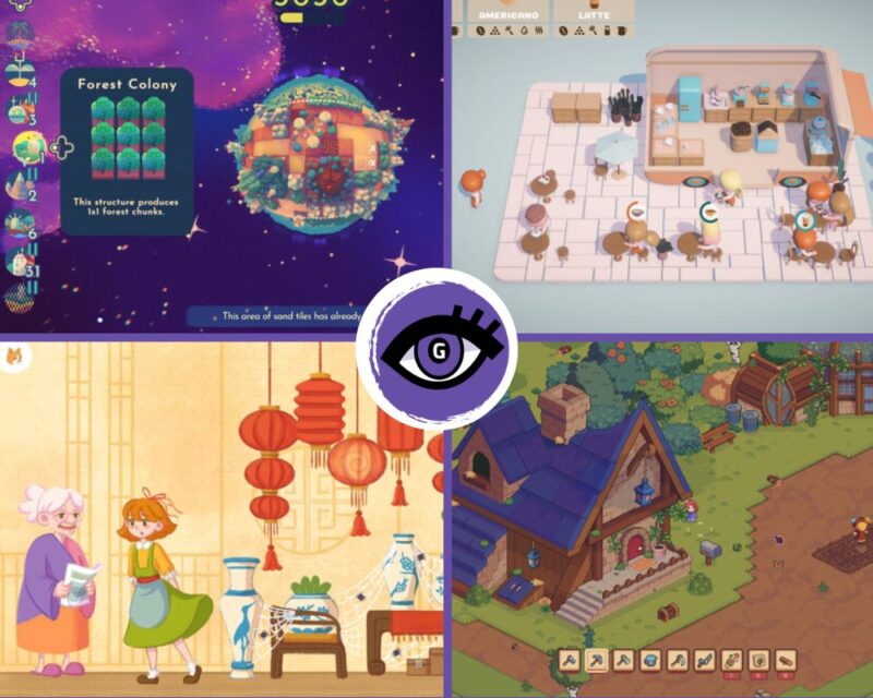 Zestawienie najciekawszych gier cozy 2024, ilustracja przedstawia screeny z gier Planetiles, Coffee Caravan, Tell Me Your Story i Everholm.