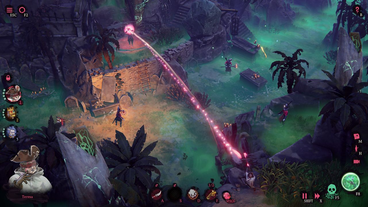 grafika z gry Shadow Gambit: The Cursed Crew, przedstawia jedną z postaci podczas używania umiejętności, na środku ekranu widzimy różową smugę wycelowaną w strażnika