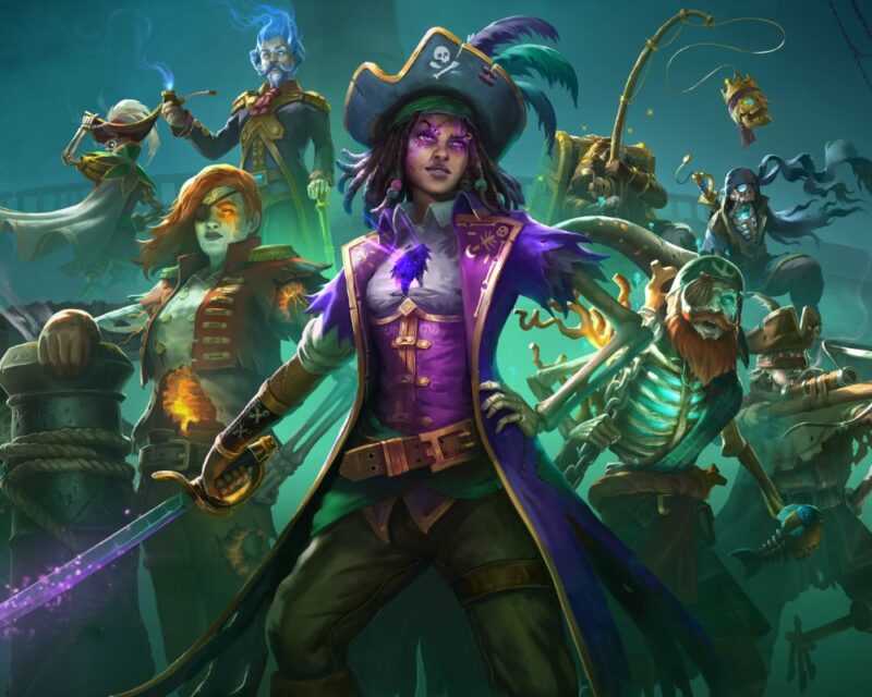 okładka promocyjna gry Shadow Gambit: The Cursed Crew, przedstawia załogę, na pierwszym planie widać kobietę zombie w fioletowym płaszczu i pirackim kapeluszu, z dziurą na piersi i świecącym na fioletowo mieczem w prawej dłoni