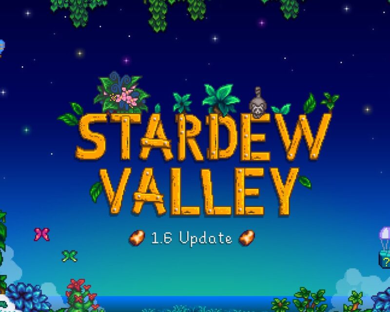 Logo Stardew Valley na tle nocnego nieba, a pod nim napis "1.6 update".