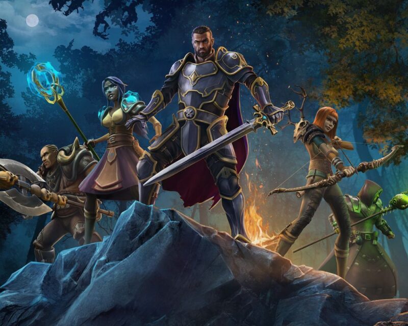 grafika promująca grę zoria, widać na niej uzbrojonych bohaterów stojących na skale, za nimi widać płonące ognisko