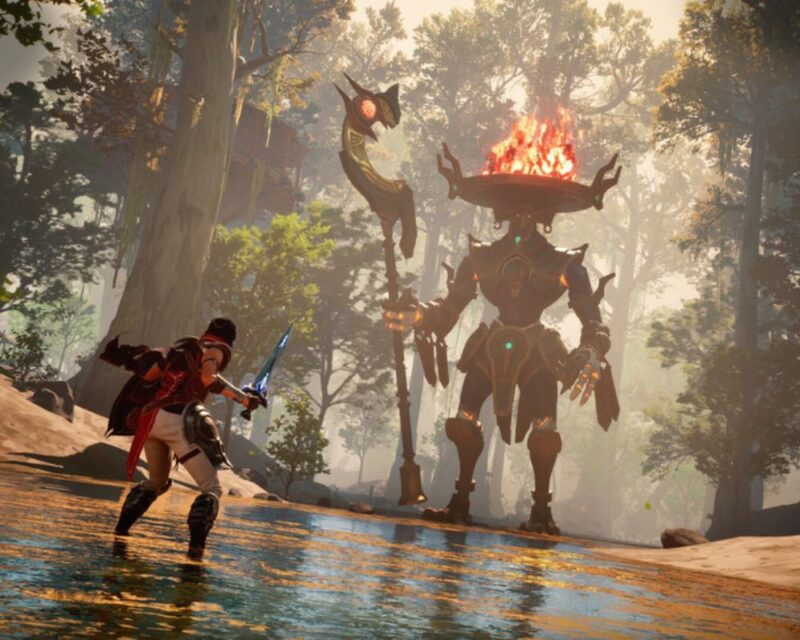 Zdjęcie ze zwiastuna Eternal Strands, mechaniczny potwor, główna bohaterka tyłem, woda, las