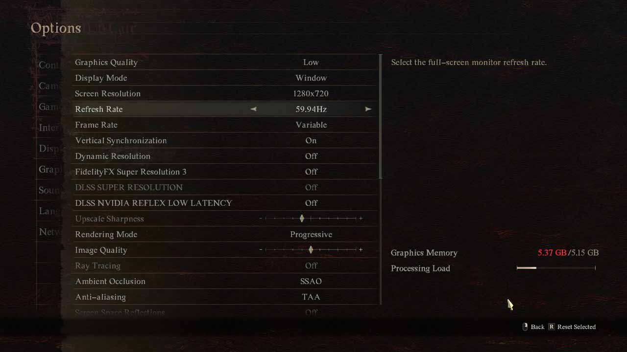 Menu ustawień graficznych na niskim poziomie w Dragon's Dogma 2