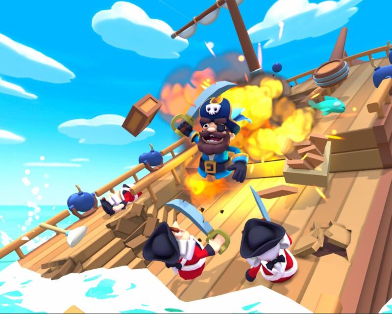 Party Pirates, grafika promująca gra, widzimy na niej kadłub statku górujący nad wodą, ale już tonący, a na nim pirata broniącego się przed strażnikami