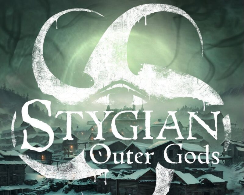 Logo Stygian: Outer Gods na tle mrocznego krajobrazu