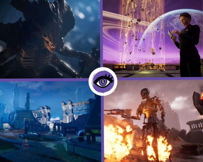 Cztery obrazki z gier na ktorych widać kolejno: obcego na ciemnym tle, inżynierkę na tle planet, stację badawczą lub fabrykę w nocy oraz maszynę-terminatora stojącego w ogniu.