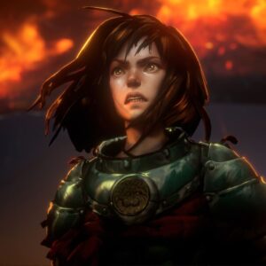 Główny bohater z No Rest for the Wicked, ubrany w ciężką zbroję, stoi na tle płomieni. Na jego twarzy maluje się roztrzęsienie.