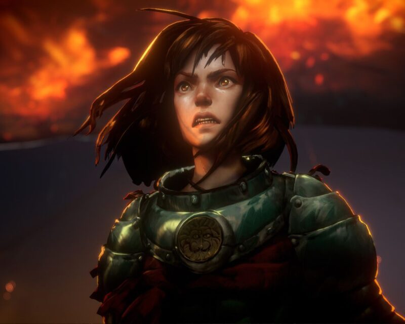 Główny bohater z No Rest for the Wicked, ubrany w ciężką zbroję, stoi na tle płomieni. Na jego twarzy maluje się roztrzęsienie.