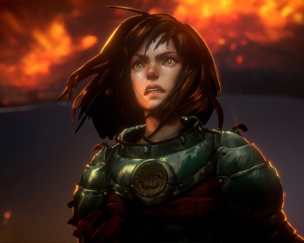 Główny bohater z No Rest for the Wicked, ubrany w ciężką zbroję, stoi na tle płomieni. Na jego twarzy maluje się roztrzęsienie.