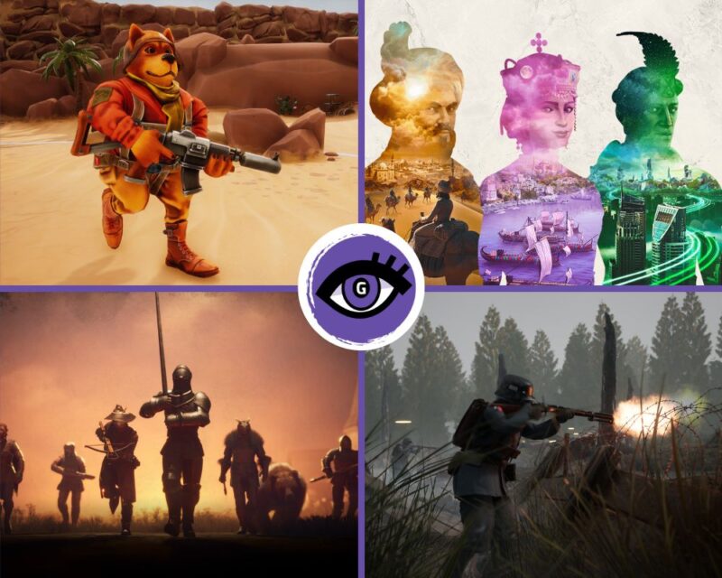 grafika przedstawia cztery obrazki złączone ze sobą w kolażu, na środku logo grajmerek: fioletowe oko z rzęsami na fioletowym tle, logo dodatkowo na białym tle. W lewym górnym rogu obrazka widzimy psa na dwóch nogach z karabinem, w prawym górnym trzy przezroczyste osoby stojące obok siebie w różnych kolorach (żółtym, różowym i zielonym), w lewym dolnym rogu widzimy grupę uzbrojonych wojowników idących w kierunku kamery, a w prawym dolnym rogu widzimy od boku żołnierza schowanego za okopami i strzelającego z karabinu do przeciwnika