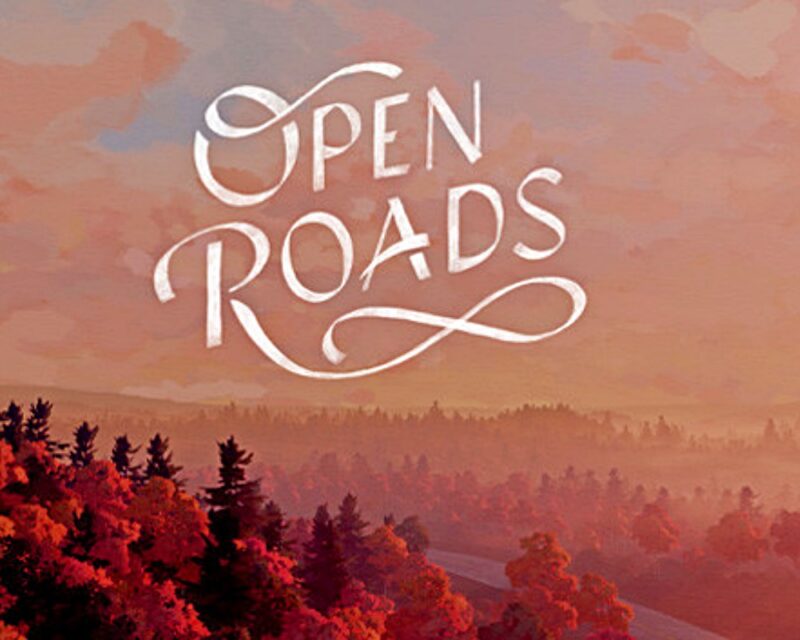 grafika otwierająca grę open roads, widzimy na niej napis Open Roads oraz widok na las w jesiennych barwach