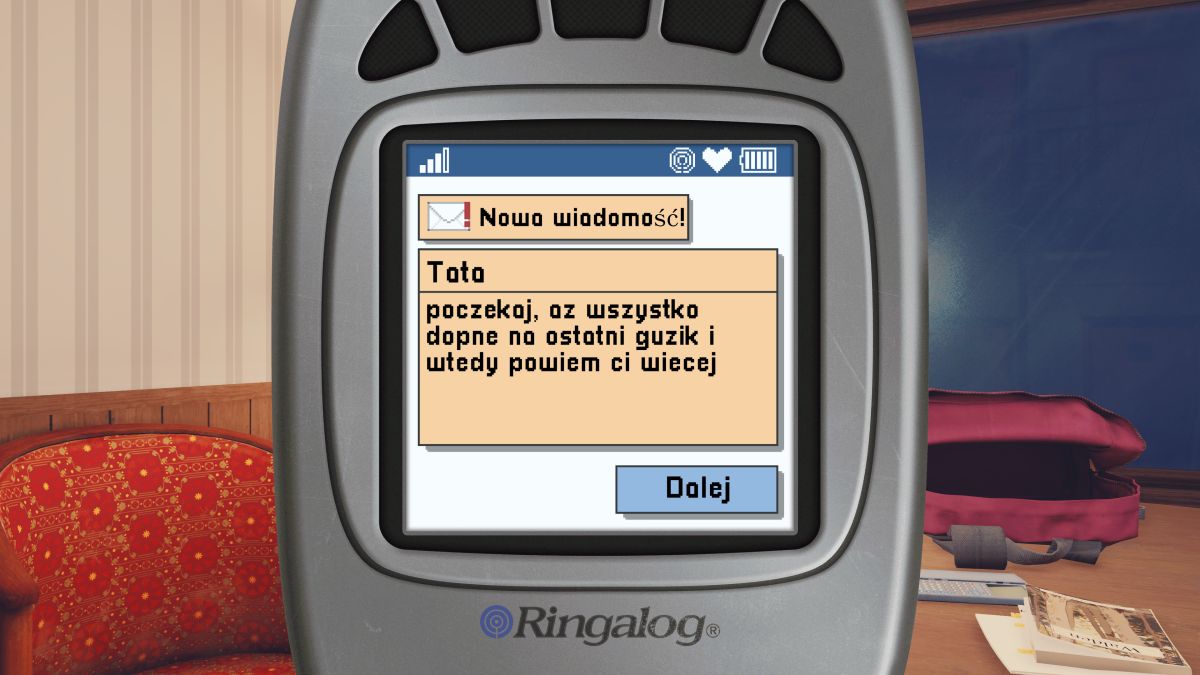 screen z gry Open Roads na którym widzimy ekran starego telefonu komórkowego z wiadomością sms
