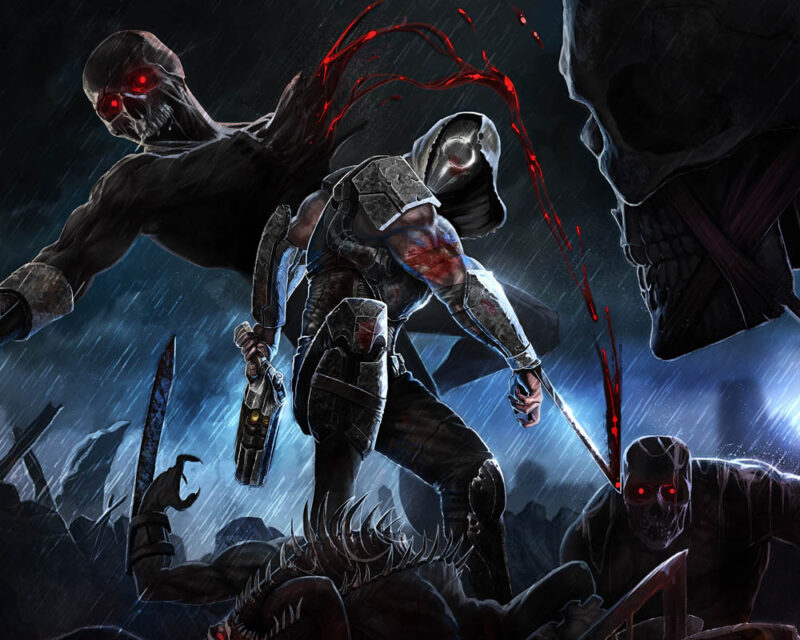 Grafika przedstawia głównego bohatera gry Wrath:Aeon of Ruin walczącego z demonami