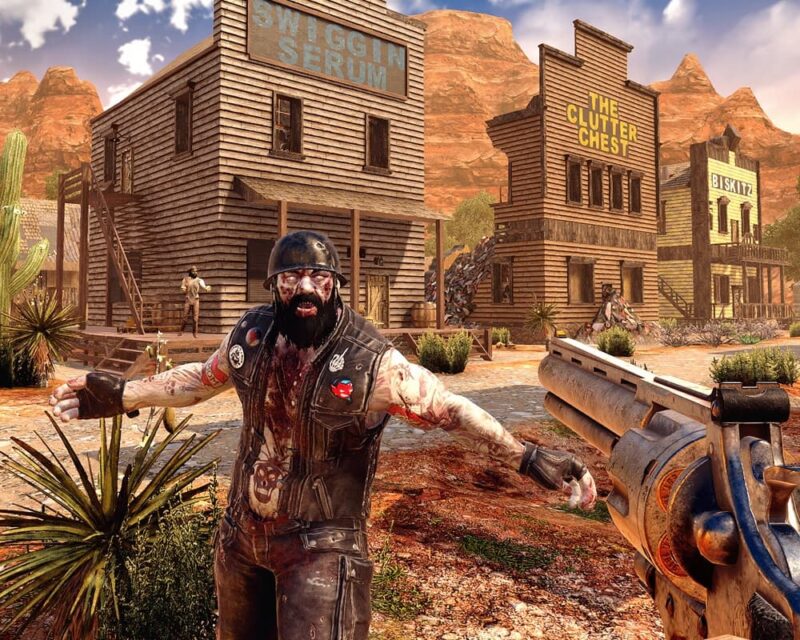 Scena z gry 7 days to die, która otrzymała datę premiery pełnej wersji gry, bohater celuje bronią w postapokaliptycznego przeciwnika na tle pustynnego miasteczka.