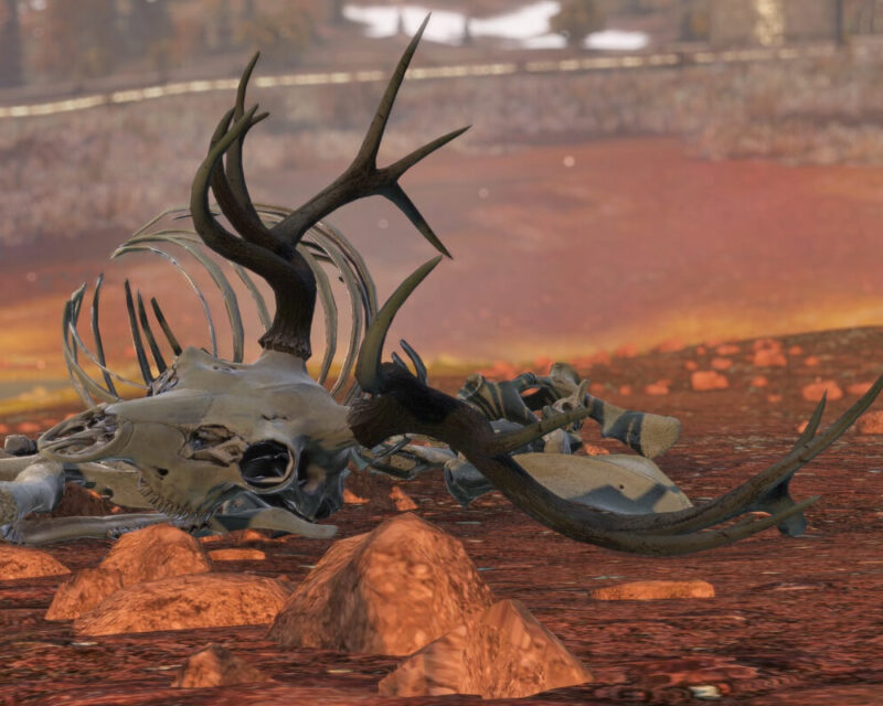 Scena z zapowiedzi Frostline, nowego dodatku do DayZ, jeleni szkielet na pustkowiu