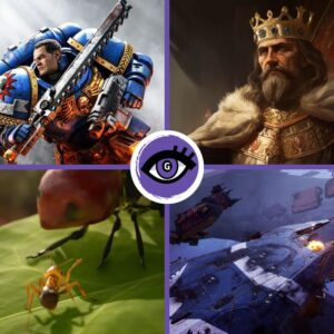 Zdjęcie wyróżniające podzielone jest na cztery części. Każda część przedstawia grafikę promującą gry takie jak Warhammer 40,000: Space Marine 2 (mężczyzna w pełnej metalowej zbroi i mieczem w ręku), Empire of the Ants (mrówka siedząca na liściu), Age of History 3 (król z pozłacaną koroną siędzący na tronie) oraz Homeworld 3 (statek kosmiczny).