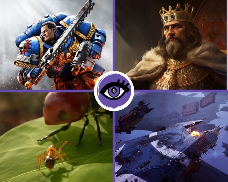 Zdjęcie wyróżniające podzielone jest na cztery części. Każda część przedstawia grafikę promującą gry takie jak Warhammer 40,000: Space Marine 2 (mężczyzna w pełnej metalowej zbroi i mieczem w ręku), Empire of the Ants (mrówka siedząca na liściu), Age of History 3 (król z pozłacaną koroną siędzący na tronie) oraz Homeworld 3 (statek kosmiczny).