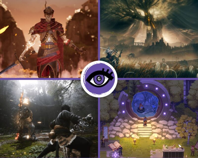 Obrazek przedstawia kolaż dotyczący gier z gatunku soulslike, które wychodzą w 2024 roku. W centrum obrazka widnieje logo portalu grajmerki.pl, a wokół są cztery zrzuty ekranu, które przedstawiają kolejno: postać z gry Enotria: The Last Song, scenę z dodatku do gry o nazwie Elden Ring: Shadow of the Eldtree, scenę walki z gry Black Myth: Wukong oraz zrzut ekranu z gry StormEdge