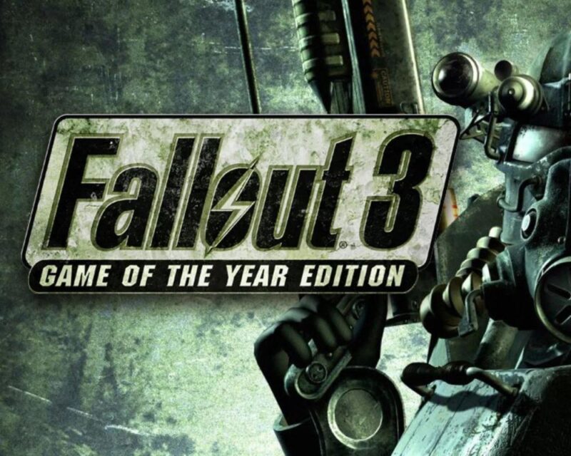 Logo gry Fallout 3. Obok mężczyzna w gazowej masce trzyma w dłoni pistolet.