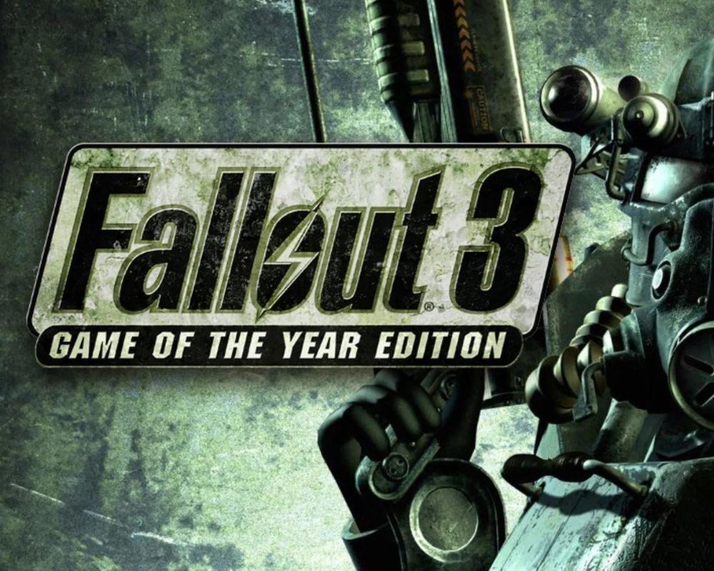 Logo gry Fallout 3. Obok mężczyzna w gazowej masce trzyma w dłoni pistolet.