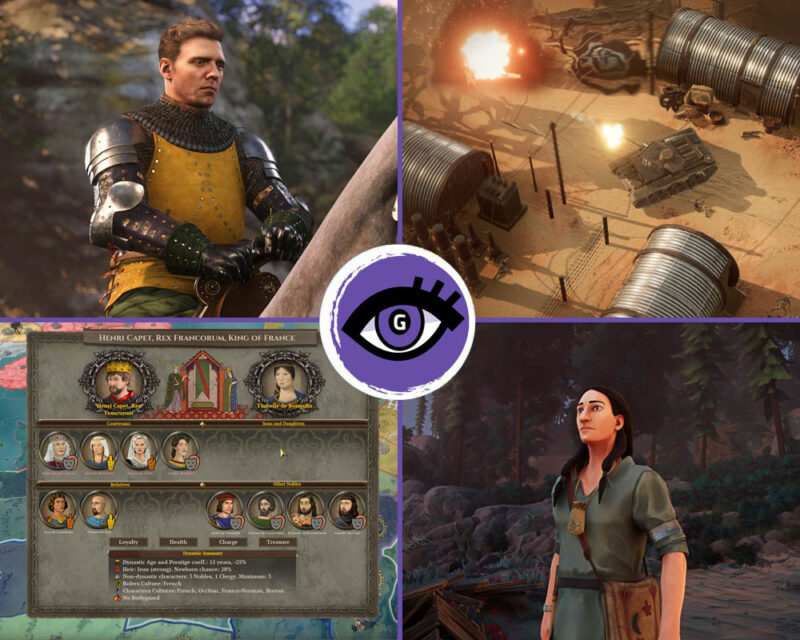 Gry historyczne z premierą w 2024 roku. Kolaż grafik z czterech gier. Na górze od lewej: Kingdom Come: Deliverence 2 i Commandos: Origins. Na dole od lewej: Field of Glory: Kingdoms i Two Falls (Nishu Takuatshina).