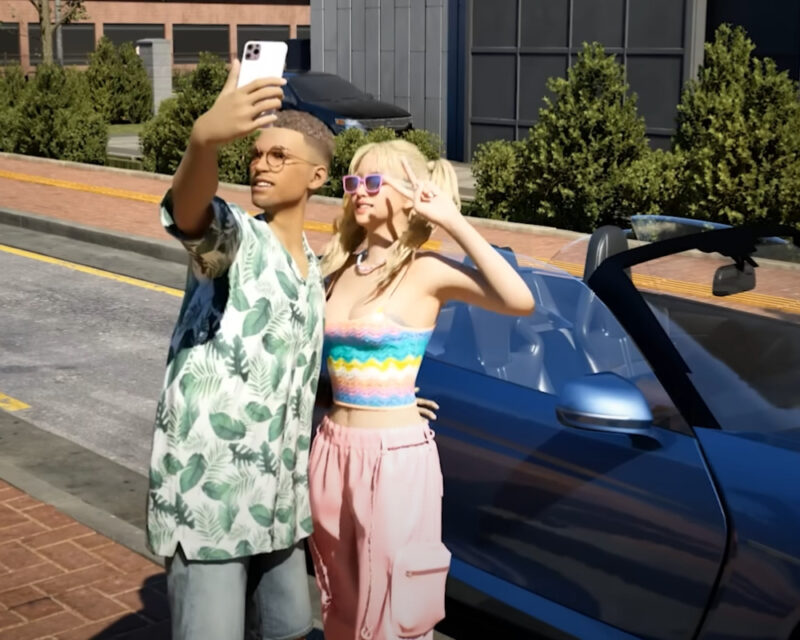 Fragment pokazu rozgrywki inZOI, para robiąca sobie zdjęcie przy samochodzie