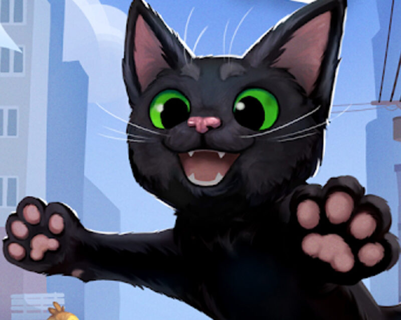 Grafika promująca grę Little Kitty, Big City, która pojawia się w ofercie abonamentu Xbox Game Pass na pierwszą połowę maja 2024. Obrazek przedstawia rysunek czarnego kotka w trakcie skoku.