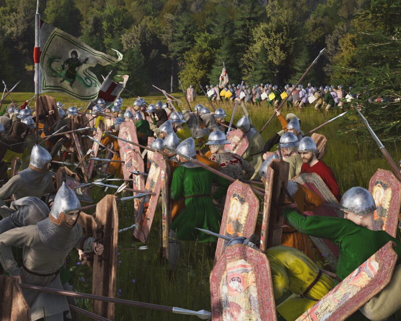 Scena walki między rycerzami piechoty z gry Manor Lords, twórca ma plany na jej urozmaicenie poprzez wprowadzenie zamków i machin oblężniczych