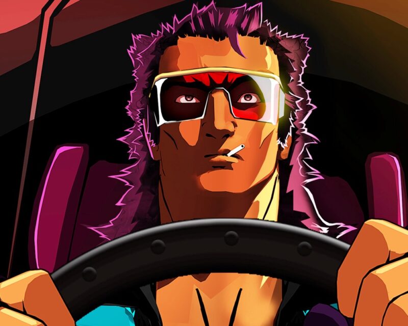 Na grafice promującej Mullet Mad Jack widzimy głównego bohatera za kierownicą samochodu - recenzja gry.