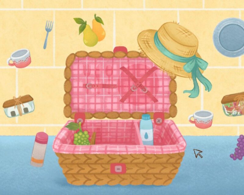 koszyk piknikowy oraz latające przybory – screen z gry tell me your story