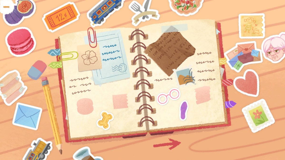 screen z gry tell me your story przedstawiający otwarty pamiętnik z naklejkami