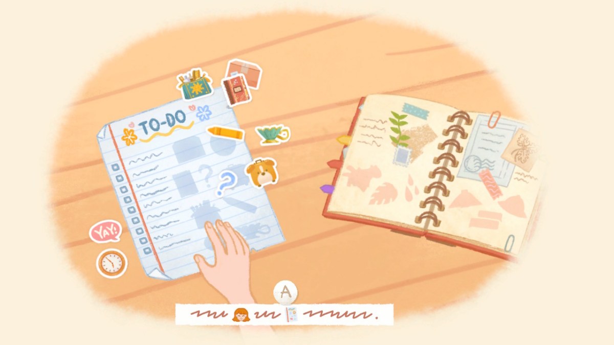 screen z gry tell me your story przedstawiający otwarty pamiętnik i listę zadań do wykonania