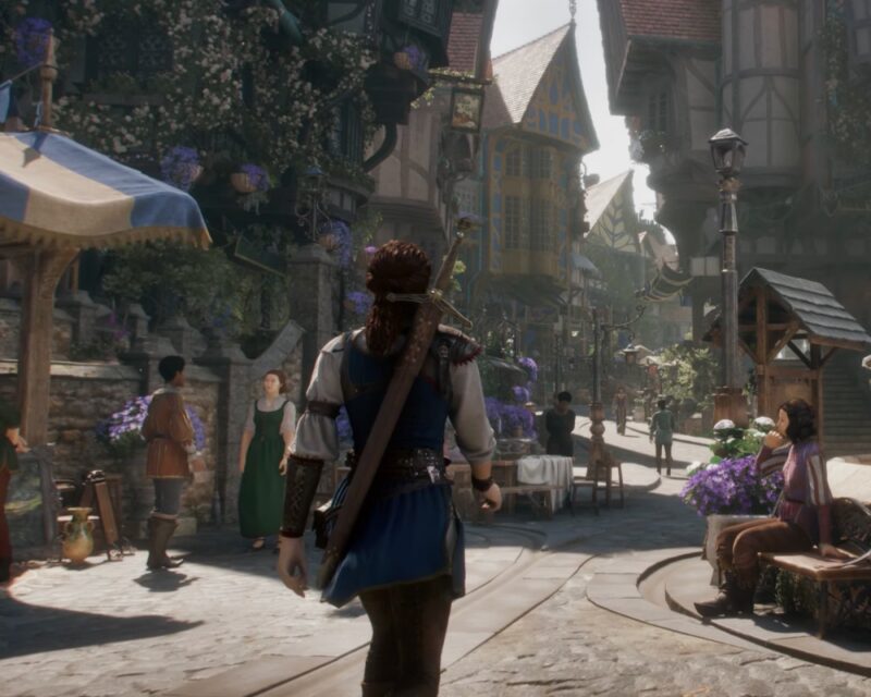 Reboot Fable – zwiastun z Xbox Game Showcase, screen, bohaterka z perspektywy TPP, ruchliwe miasto, uliczka, budynki