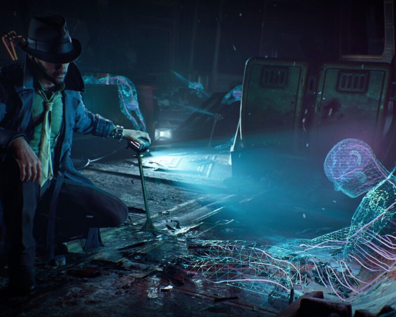 mężczyzna klęczy na szkieletem