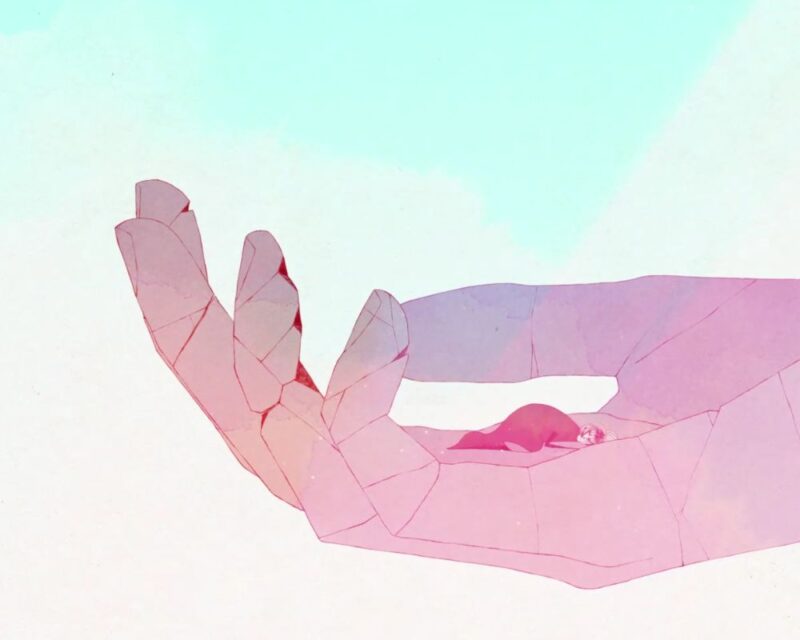 Obraz przedstawia główną bohaterkę GRIS, która leży na rzeźbie dłoni.