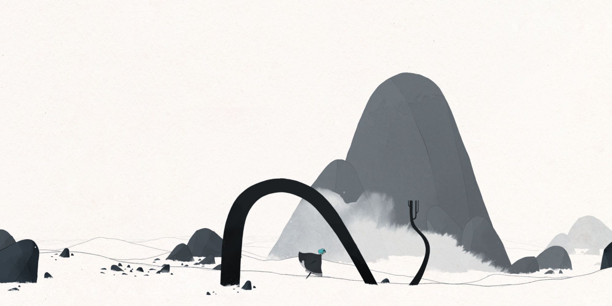 grafika z gry, utrzymana w czerni i bieli, na pierwszym planie biegnie mała niebieskowłosa postać, w tle widzimy jedną górę z szarego kamienia