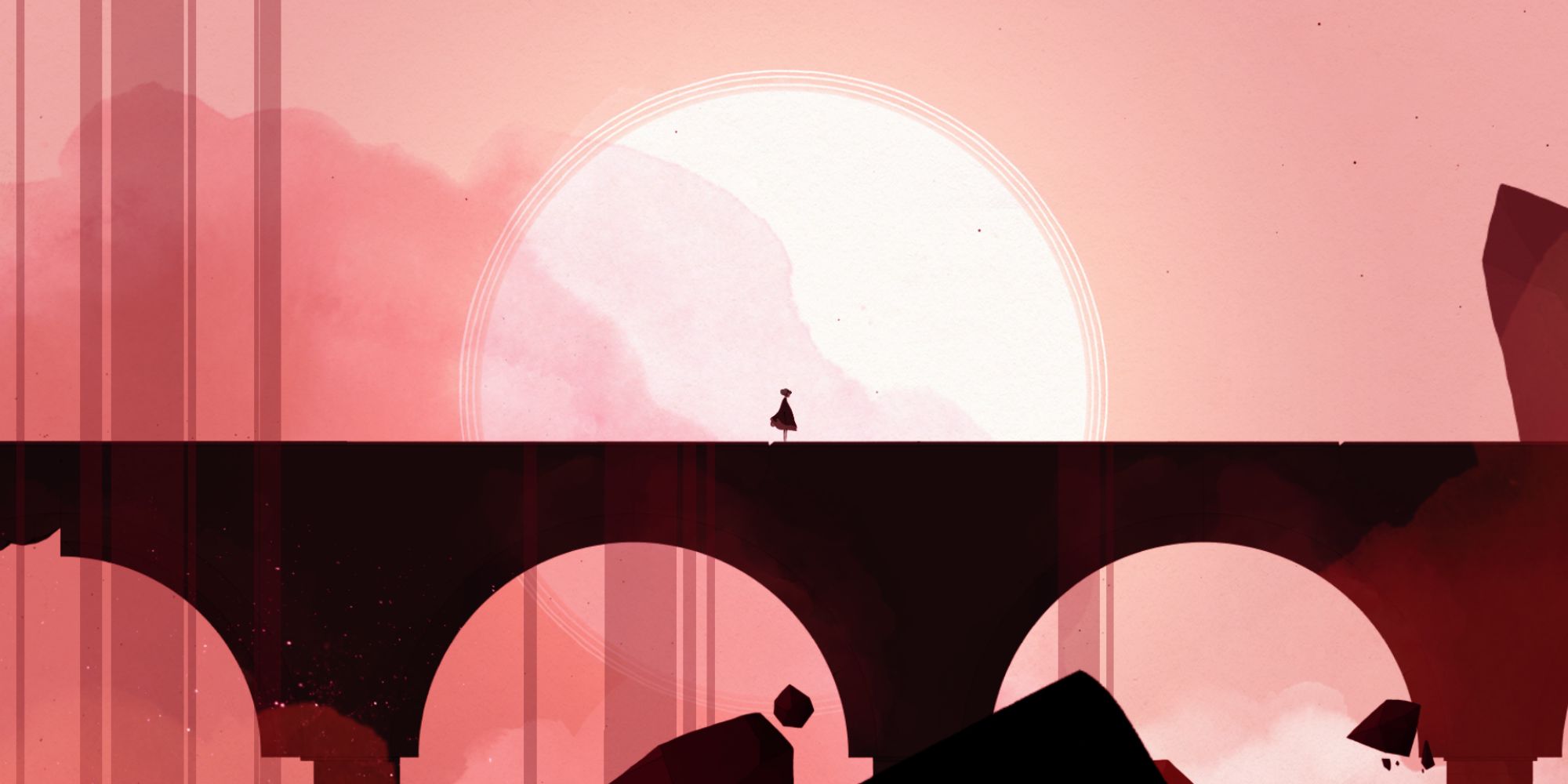 grafika z gry, urzymana w czerwieni, na samym środku widać sylwetkę głównej bohaterki, w tle duży jasny dysk