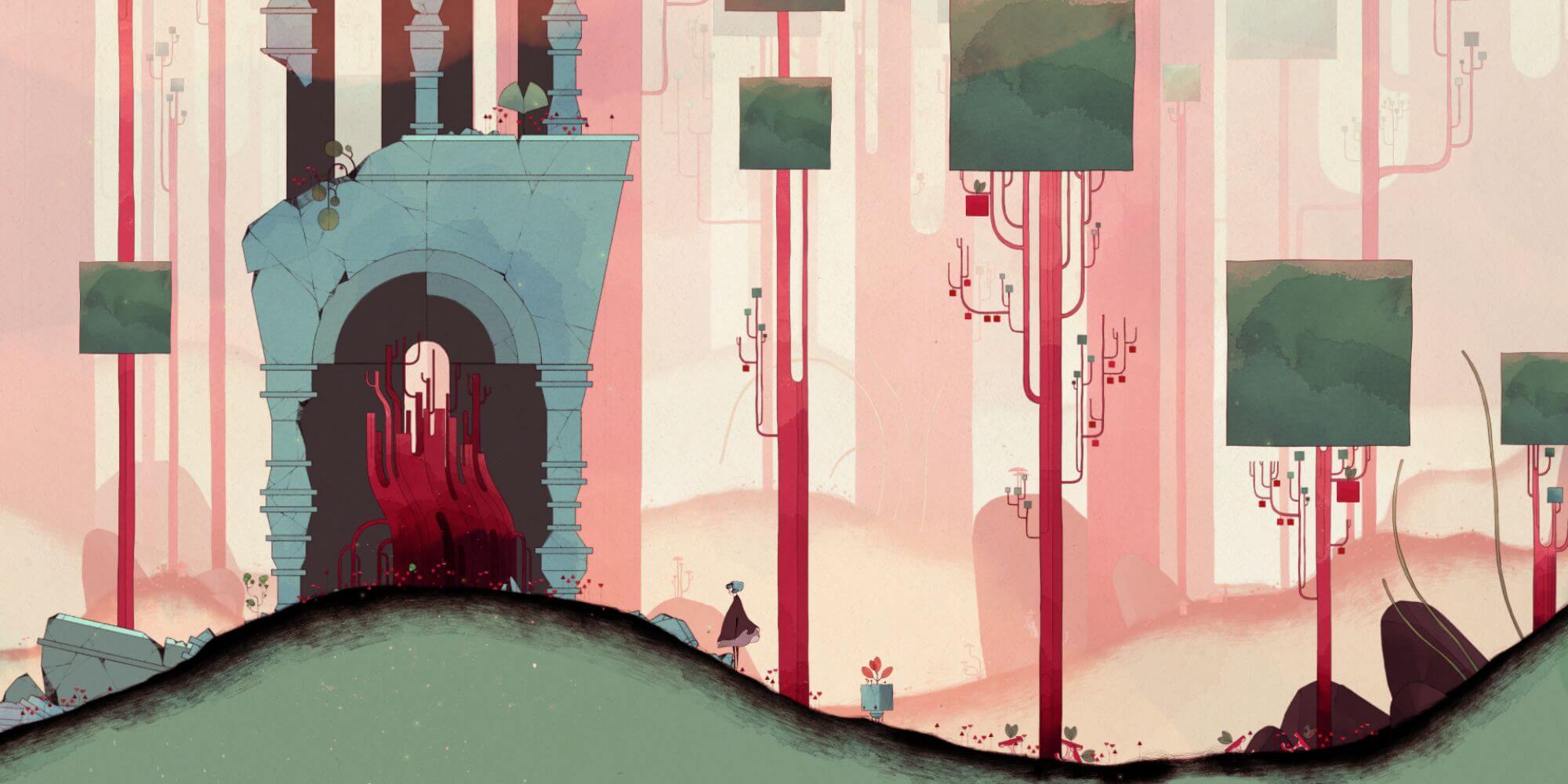 lokacja z gry, widzimy ruiny jakiejś budowli i czerwone drzewa z kwadratowymi liśćmi u góry