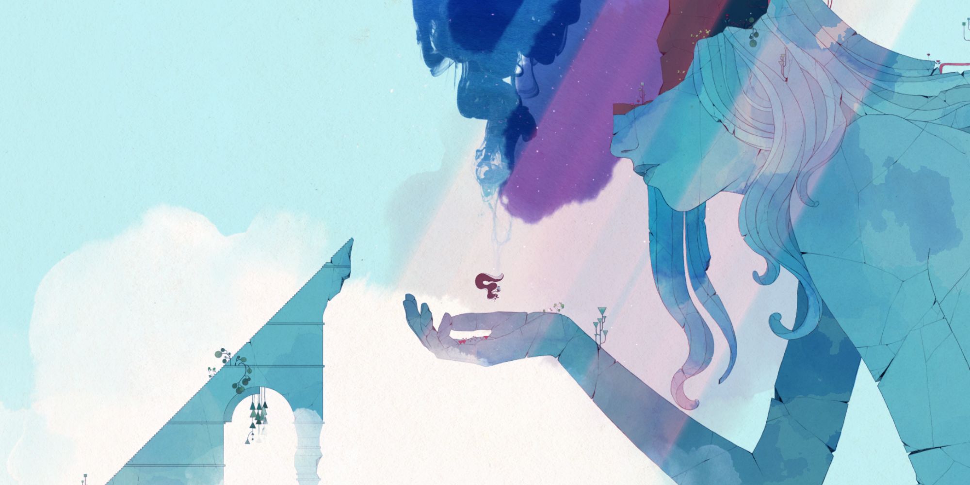 po prawej widać popękany posąg kobiety, prawą rękę ma wyciągniętą i unosi się nad nią ciemny kształt, po lewej widzimy fragment jakiejś budowli