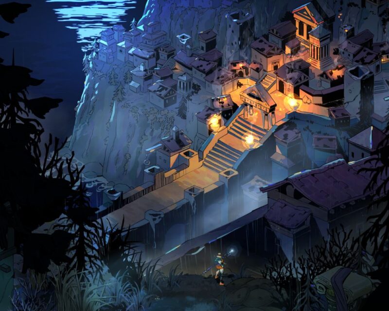 kobieta stoi na skraju urwiska, przed nią antyczne greckie miasto