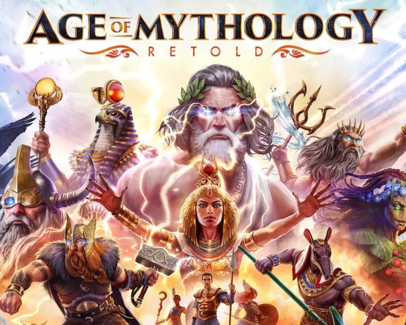 Grafika promująca grę Age of Mythology: Retold. Możemy zobaczyć kolaż z twarzami bogów, reprezentujących różne panteony.