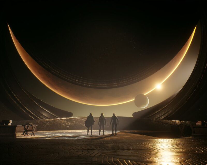 Obrazek przedstawia fragment z gry Dune: Awakening. Trzech bohaterów stoi w ogromnej sali zdobionej z brązu przed gigantycznym, okrągłym oknie. Zasłona okna powoli się podnosi i ujawnia nam fragment ciemnopomarańczowego księżyca.