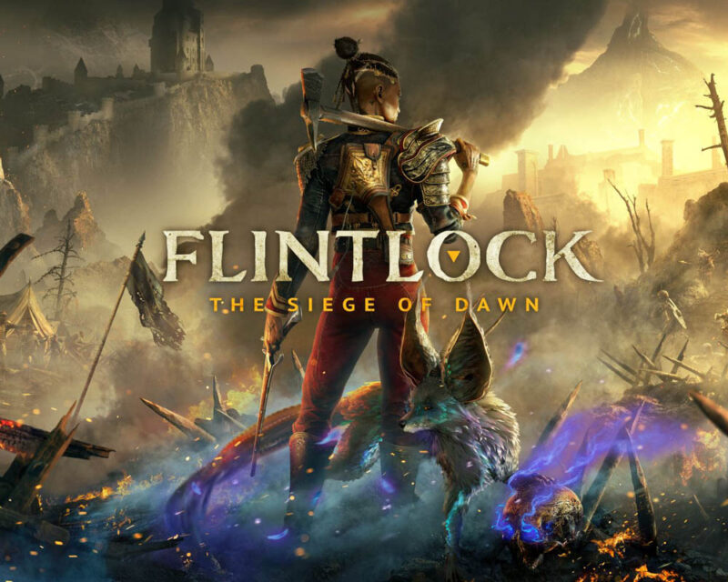 Grafika promująca grę Flintlock: The Siege of Dawn. Protagonistka tytułu stoi odwrócona plecami, w rękach dzierżąc topór i broń palną. U jej nóg znajduje się lisi towarzysz. Otoczenie wokół nich przedstawia zniszczony świat w płomieniach.