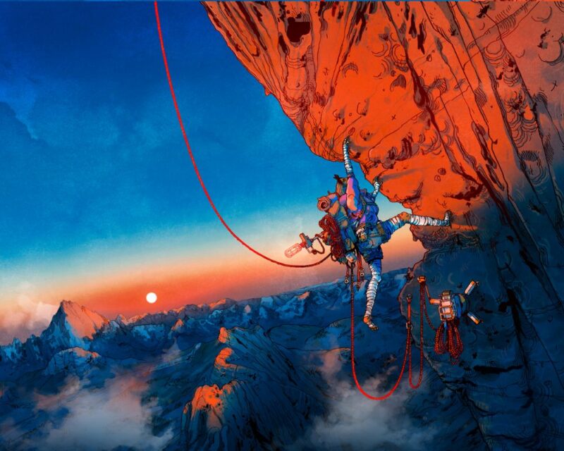 Obwieszona przyrządami do wspinaczki bohaterka wspina się po stromej, kamiennej ścianie. W tle widnieje zachodzące słońce.