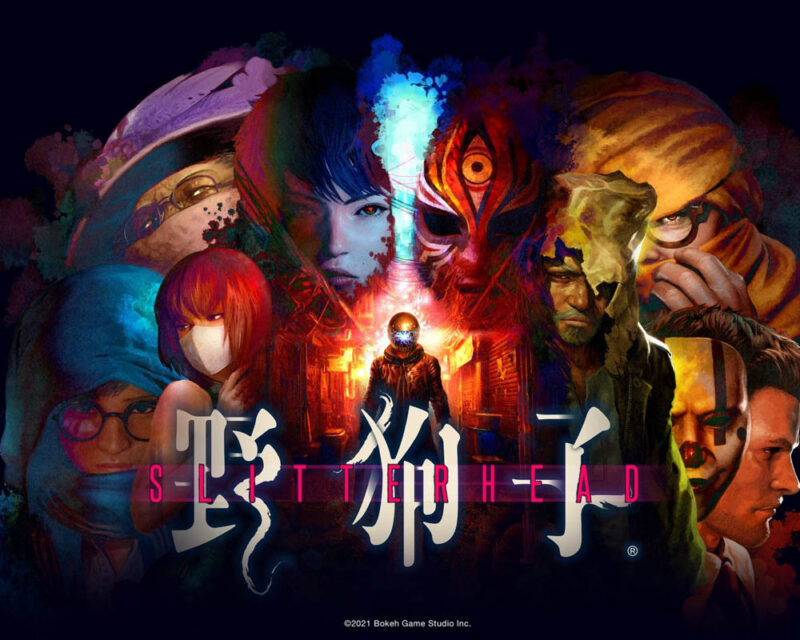 Grafika promująca grę Slitterhead. Przedstawia kolaż twarzy różnych postaci, a na środku znajduje się sylwetka postaci w kasku na tle uliczki.