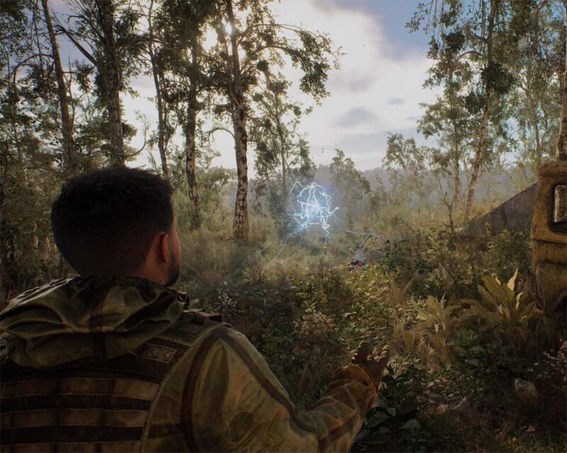 Zrzut ekranu z gry STALKER 2. Widzimy mężczyznę odwróconego plecami. Przed nim rozpościera się przyroda Zony. W centrum obrazka widać także anomalię.