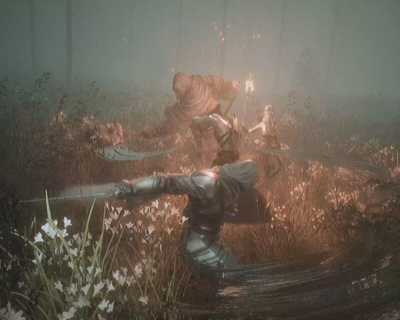 Zrzut ekranu z gry The Relic: First Guardian. Dynamiczna stopklatka z walki między głównym bohaterem a wrogami. Postać używa miecza i tarczy. W tle widać las otoczony mgłą.