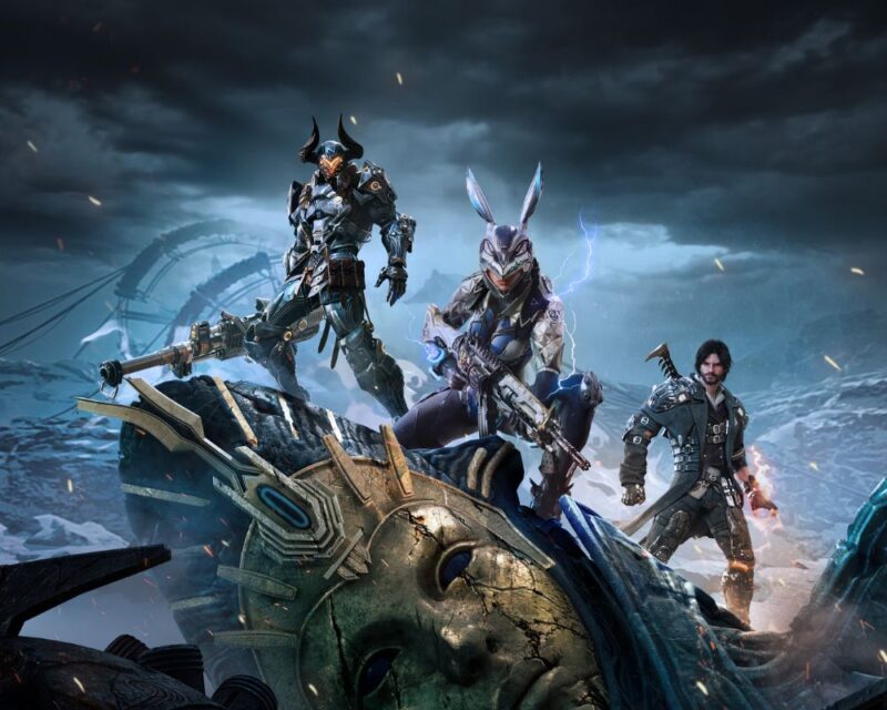 Na obrazku widzimy bohaterów z gry w zbrojach i z bronią w ręku. W szczególności w oczy rzuca się kobieta ubrana w strój królika. Postacie stoją na wielkiej głowie. Prawdopodobnie jest to góra zniszczonego pomnika. W tle widać sztorm.