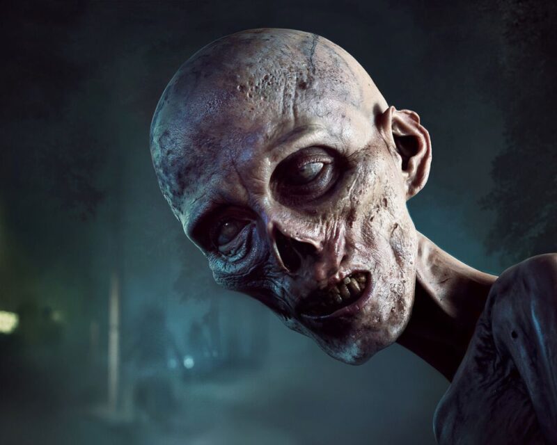 keyart z gry No More Room in Hell 2, ujęcie z rozgrywki, widzimy twarz zombiaka, z zapadniętą skórą, wyblakłymi gałkami